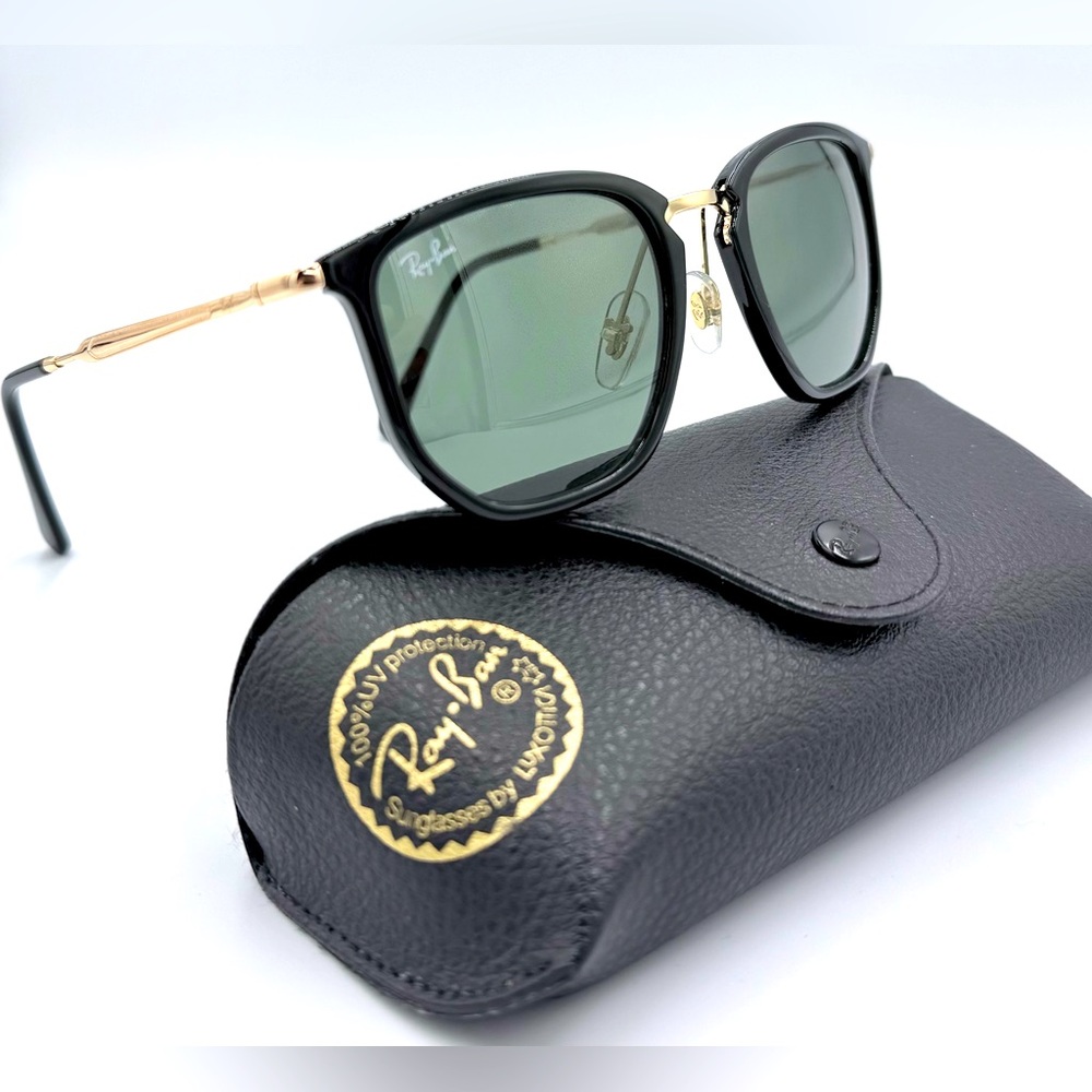 Ray-Ban Men’s Aviator Sunglasses RB4451 Black & Gold Frames w/ Green Lens 50m